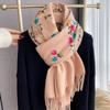 Women Winter Warm Faux Cashmere Scarf Long Winter Embroidered Floral Pattern Cold-Proof Shawls And Wraps