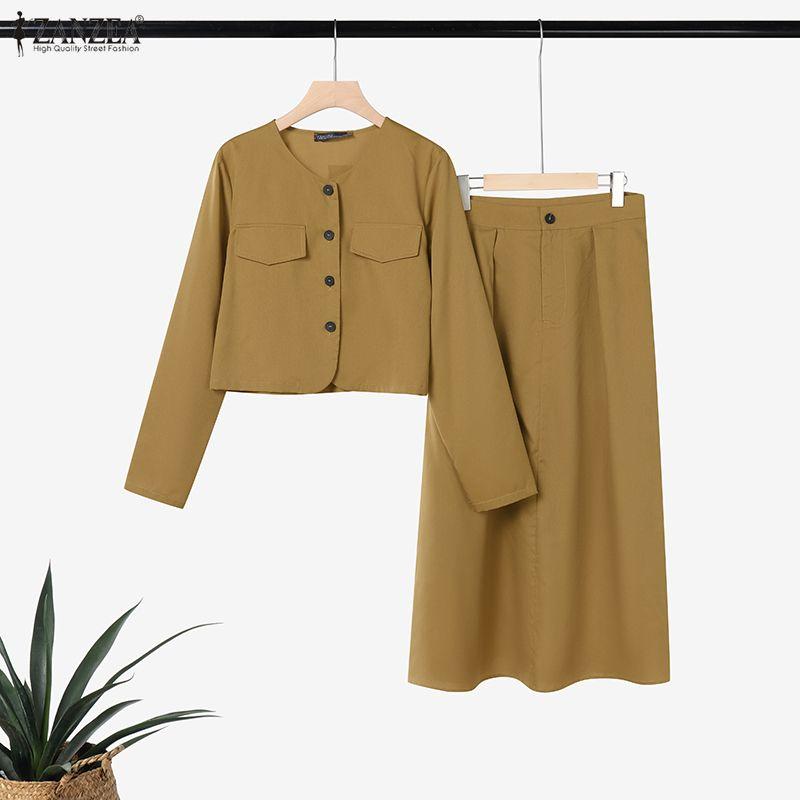 ZANZEA Blusa a Maniche Lunghe da Donna e Gonne Casual Set Completi Due Pezzi