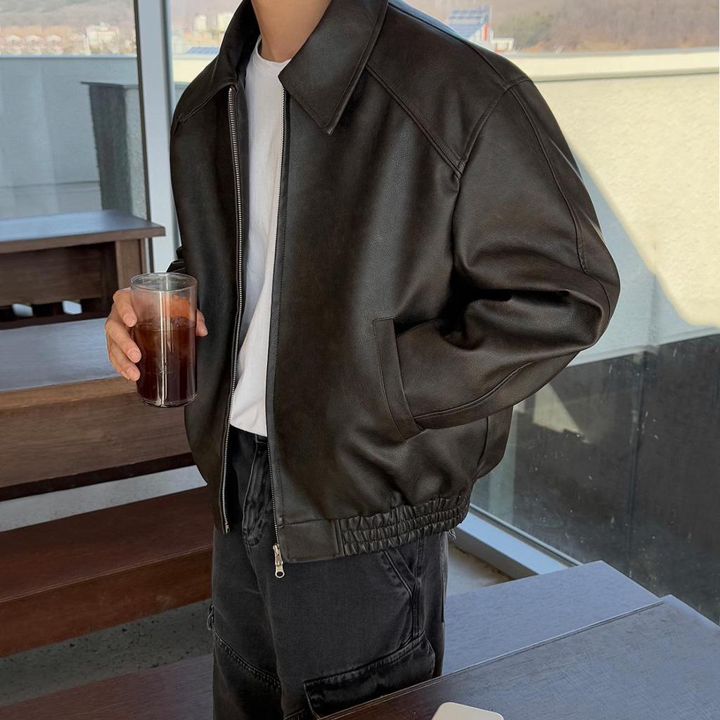 BJ Pánská Retro Podzimní Kožená Bunda - Ležérní, Pánská, Volný Střih, Korejský Styl pro do Práce s Límcem.