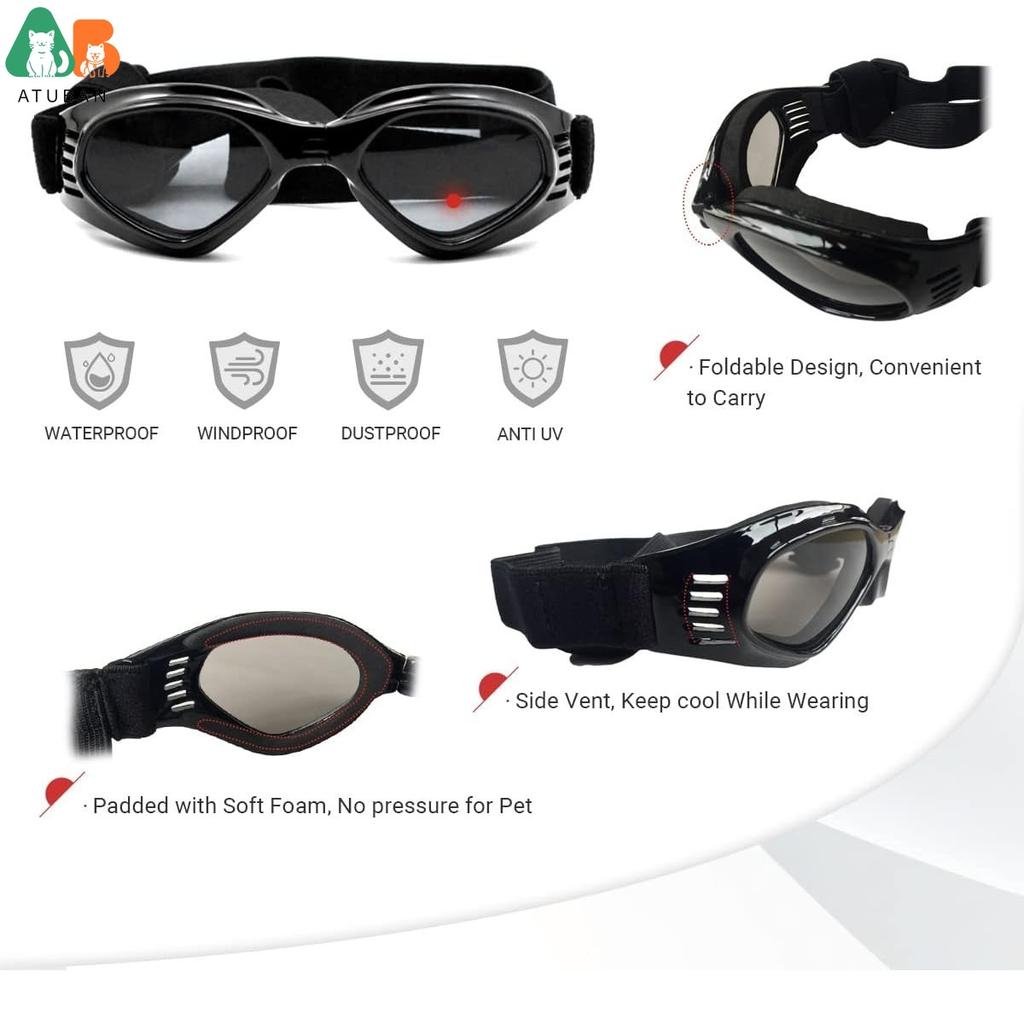ATUBAN Dog Sunglasses for UV Protection Wind Protection Dust Protection Adjustable Strap Pet Glasses for Snow Beach Motorcycle