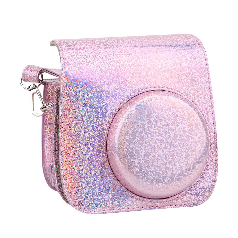Sparkling Color Vintage PU Lther Camera Portable Bag Case  ive Pouch Cover with Shoulder Strap For     8/ 8+/ 9(Sparkling Pink )