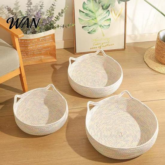 Panier Nid de Couchage pour Chat Corde de Coton Animal de Compagnie avec Design d'Oreilles Tissé à la Main pour Chats Chiots Lapins Petits Animaux Coussin