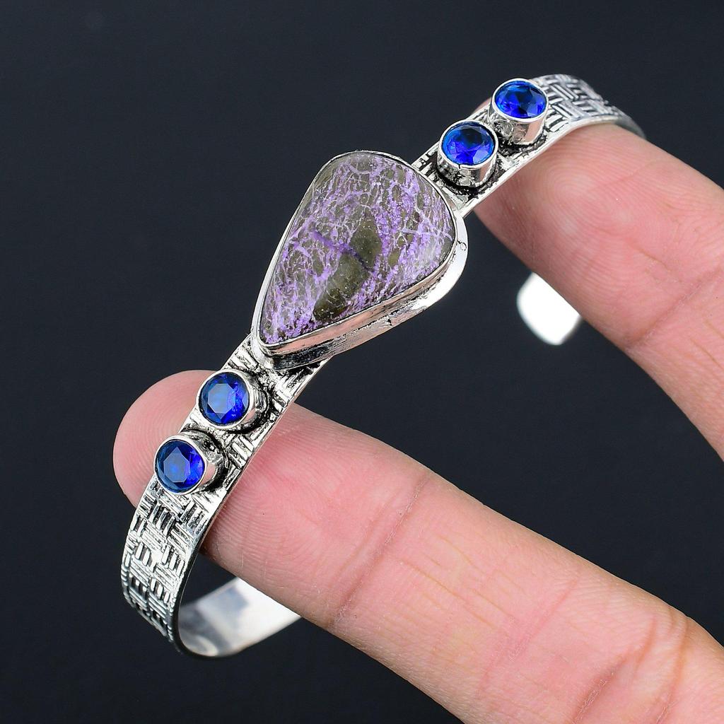 Friendship Day Deal 925 Silver Natural Purpurite Blue Topaz Wife Bangle Jewelry