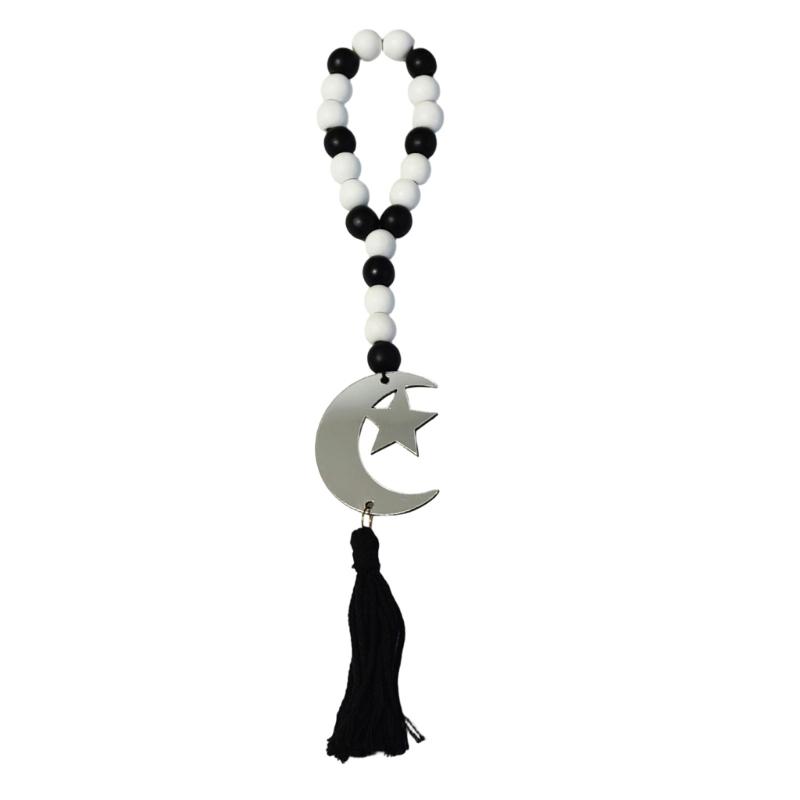Ramadans Wood Beaded Garlands Acrylic Moon Pendant Wall Hanging Ornament with Tassels For Islamic Festives Home Decorations