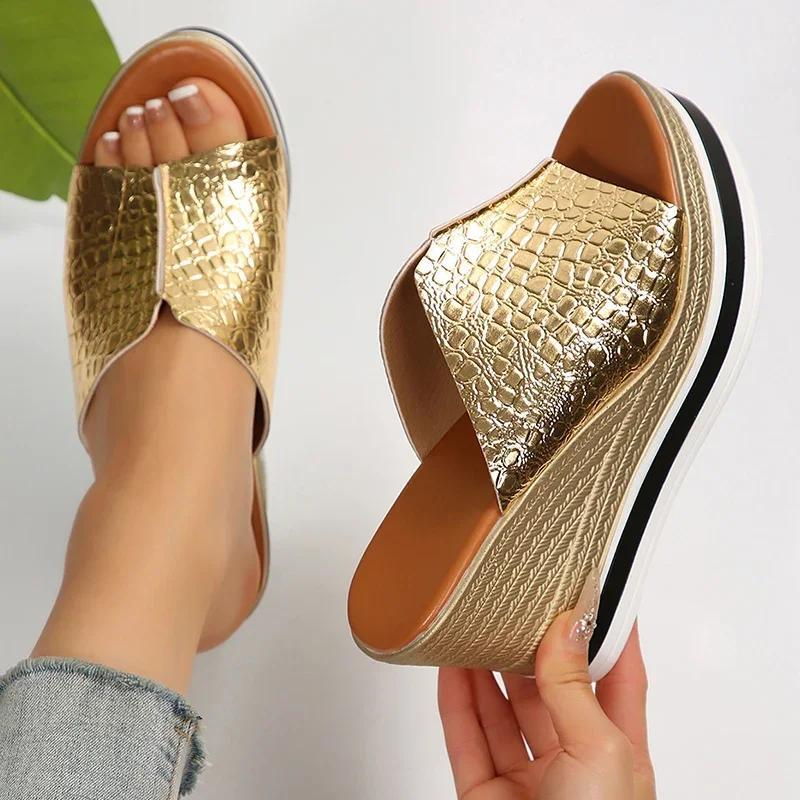 Fashion Women Shoes Silver Chunky Platform Sandals 2025 Summer Wedges Slippers Plus Size 36-43 Woman Outdoor High Heels Sandles Female