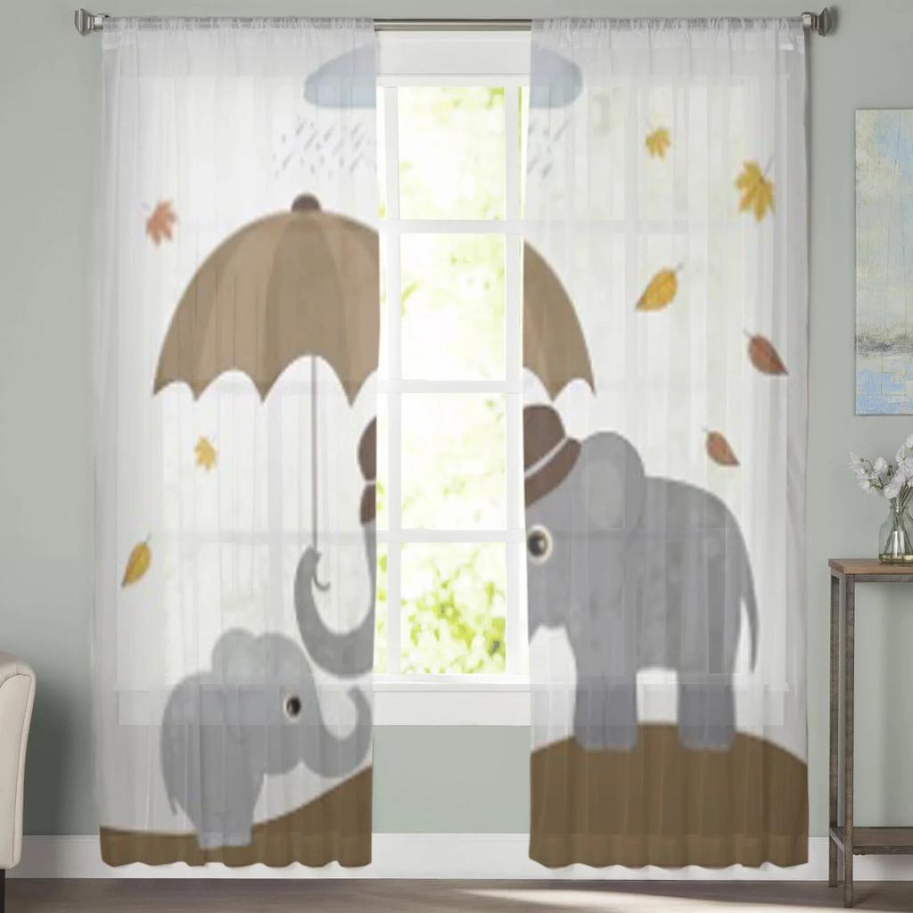 Niedliche Elefanten mit Regenschirm, transparente Vorhänge für Schlafzimmer, Wohnzimmer, Tüllvorhänge für Küche, Fenster, Voile-Vorhänge