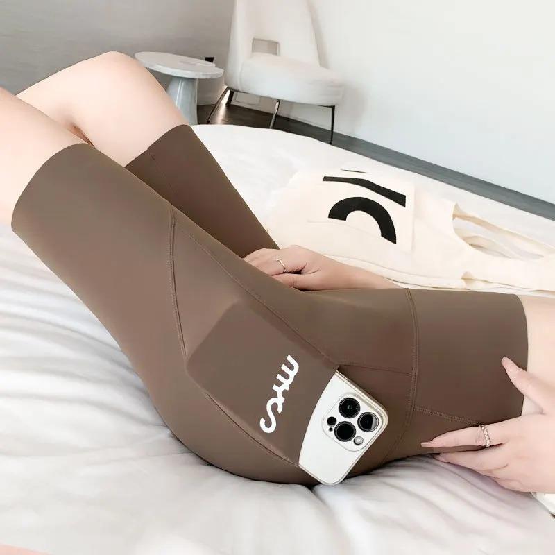 

Женские спортивные шорты с карманом, высокая талия, фитнес, повседневная уличная одежда, короткие брюки, женские обтягивающие шорты, тренировочные брюки M кофейный