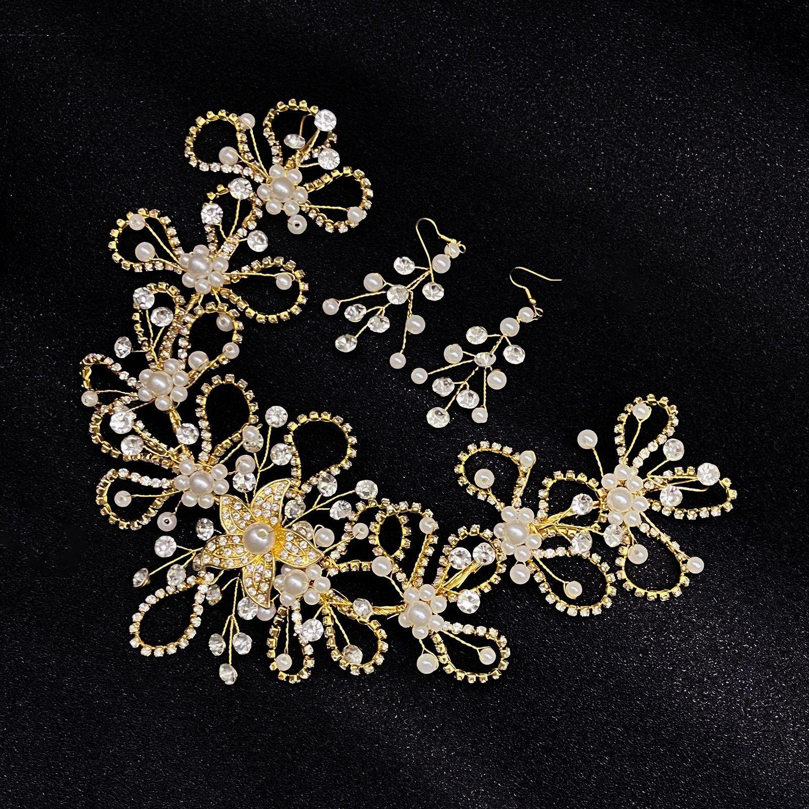 

Bridal Headdress, Pearl Hollow Gold Leaf With Earrings Set, Light Luxury Handmade Jewelry Dz184