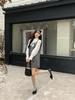Women's Gray Square Neck Suspender Dress - Sweet or Salty Style, Autumn/Winter 2023, Loose Slim Fit, Layered Short Skirt.
