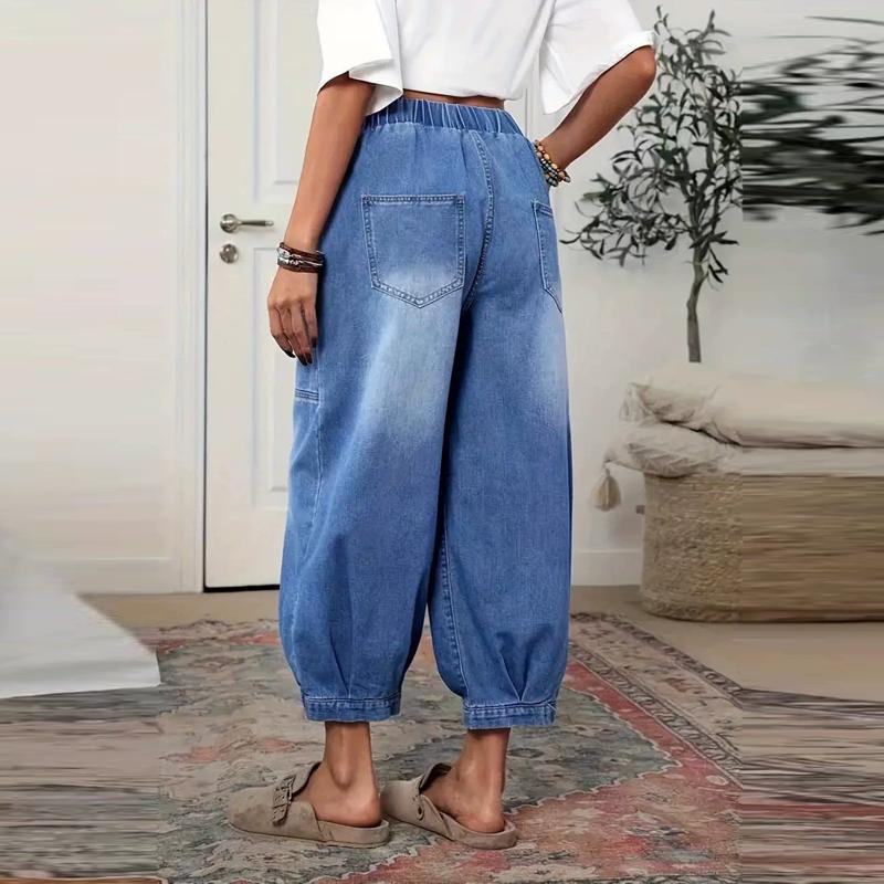 High Waist Wide Leg Jeans Street Style Loose Fit Elastic Waistband Lengthening Effect Comfortable Casual Denim Pants