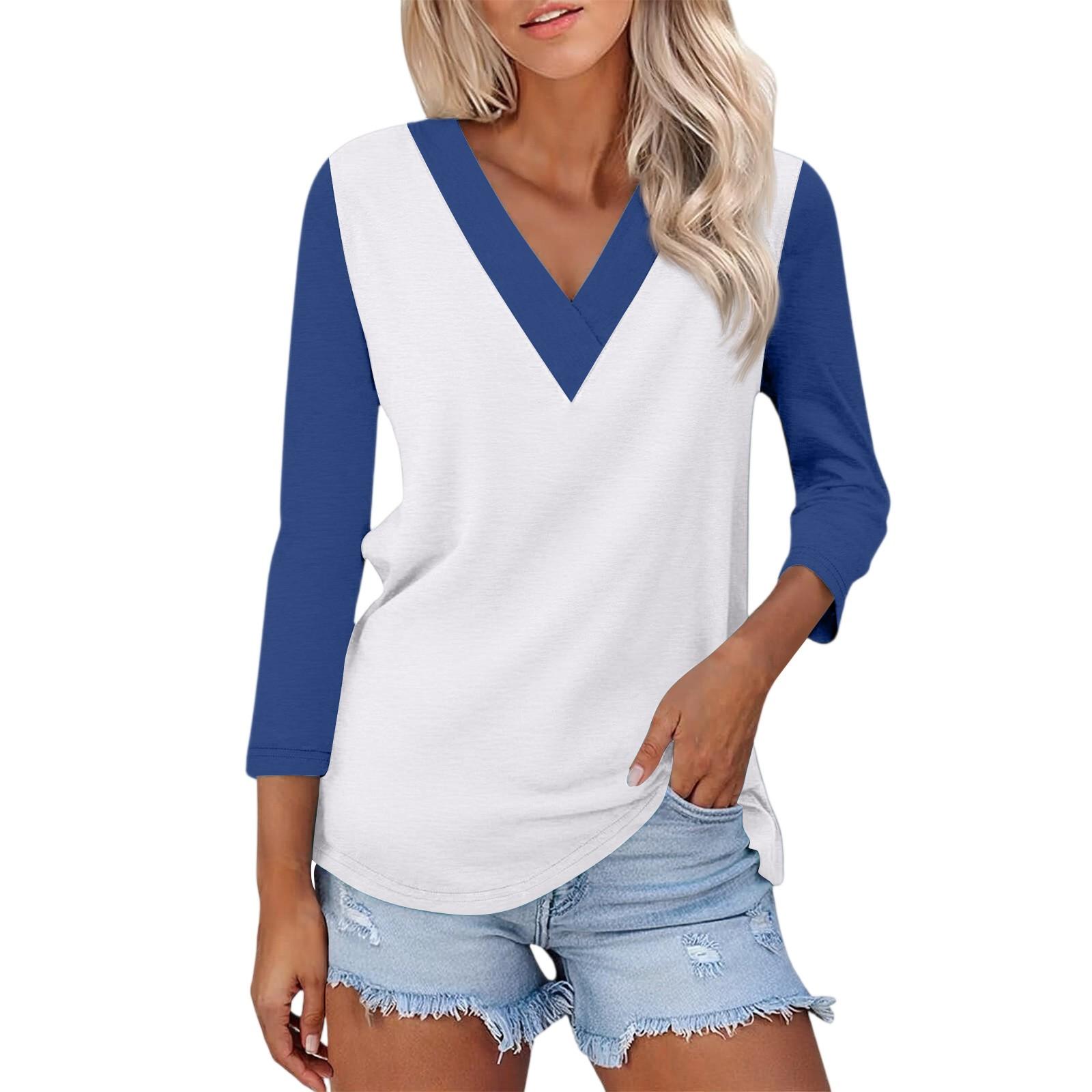 

Women s Casual Fashion Sexy Comfortable V-neck Stitching Color Three-quarter Sleeve Top M