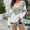 Autumn and Winter Leopard Print Color Blocked Knitted V-neck Pullover Women's Sweaters