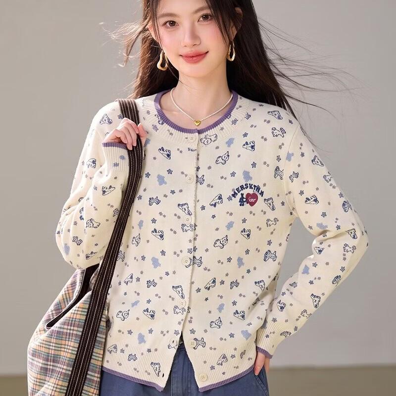 Zuose Cartoon Pattern Jacquard Knit Cardigan