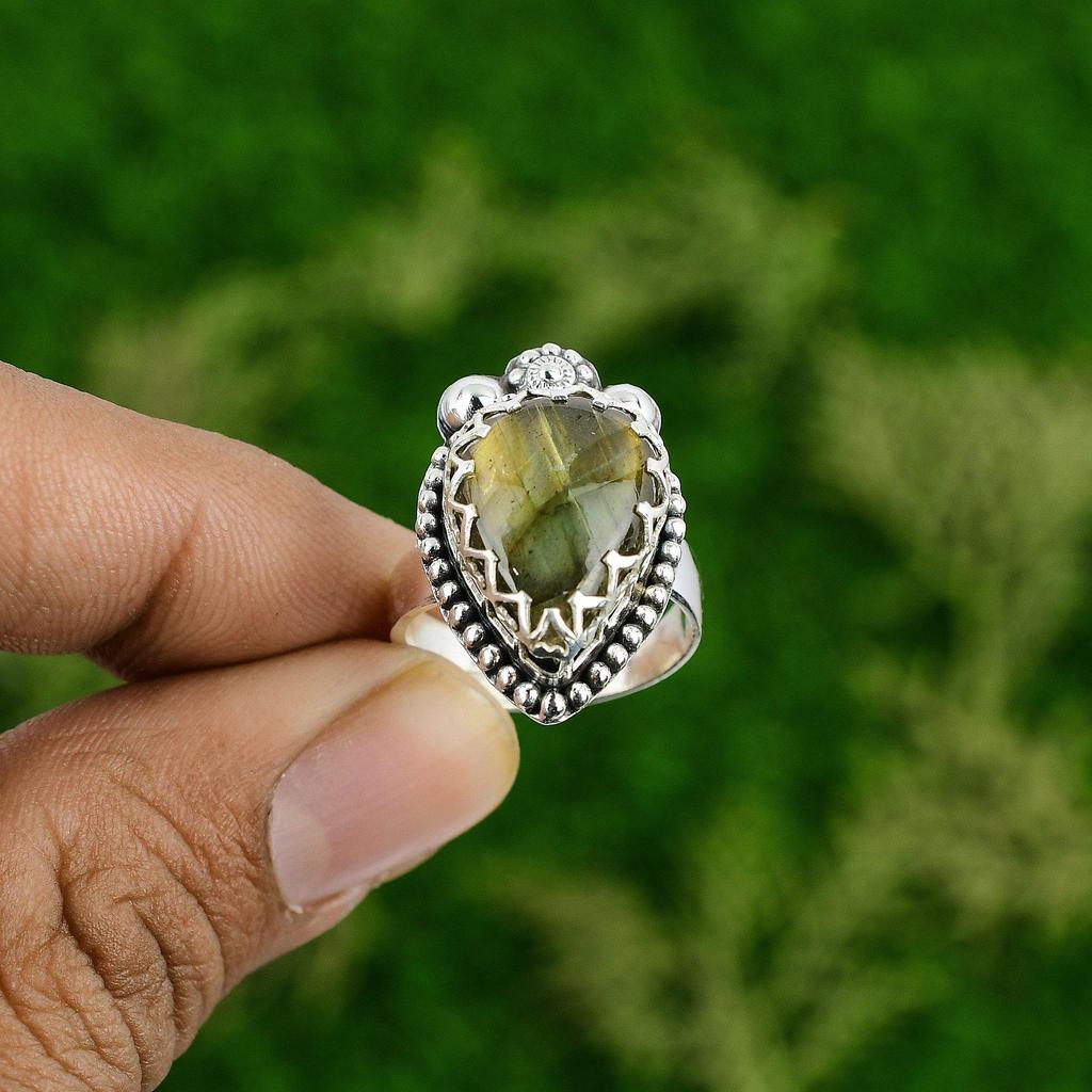 Natural Labradorite 925 Sterling Silver Stackable Daughter Bezel Ring Jewelry