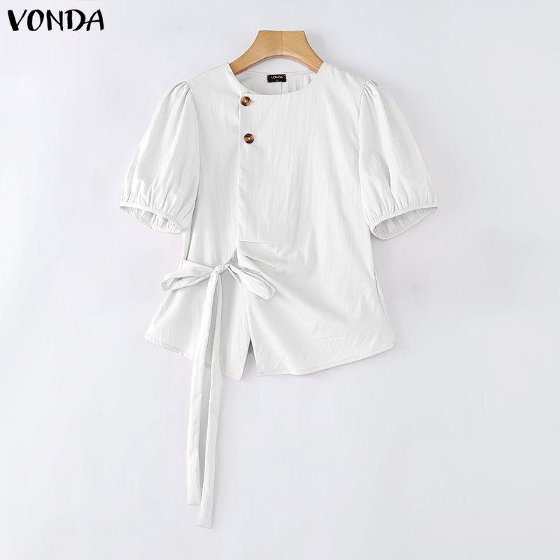 VONDA Summer Women Casual O Neck Short Sleeve Solid Splits Bow Knot Blouse Tops S