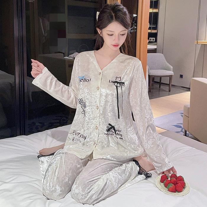 Luxurious Women's Long-Sleeve Gold Velvet Pajama Set