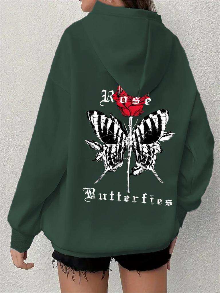 Design Sense Simple Fashion Design Sense Butterfly Rose Printed Hooded Sweater Simple and Versatile