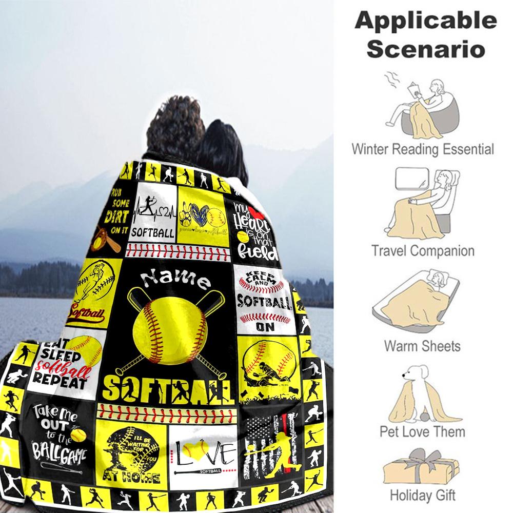 Yellow Softball Style Customize Text Blanket Lightweight Customizable Blanket Comfortable Perfect for Nap Couch Home Decor Office Chair