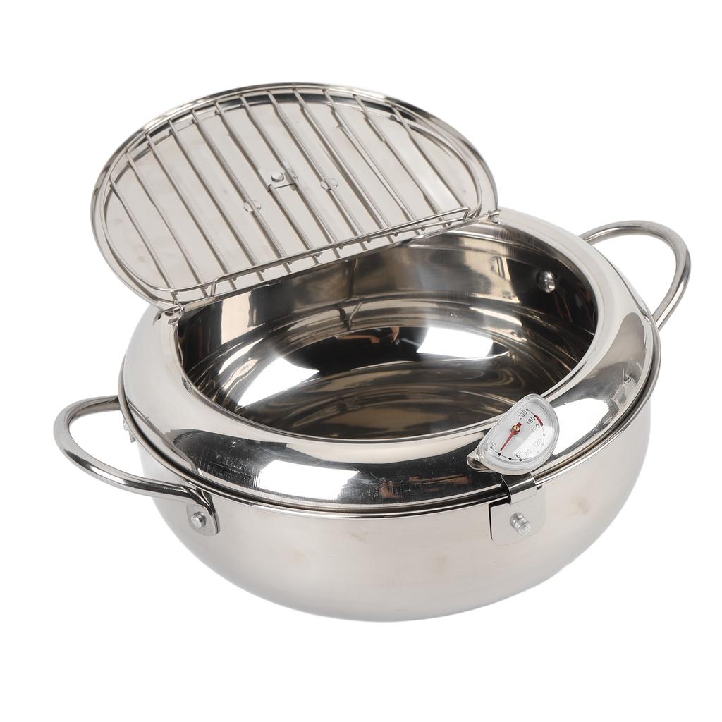 Stainless Steel Fryer Pot with Thermometer Lid Oil Drip Drainer Rack Multifunctional Deep Frying