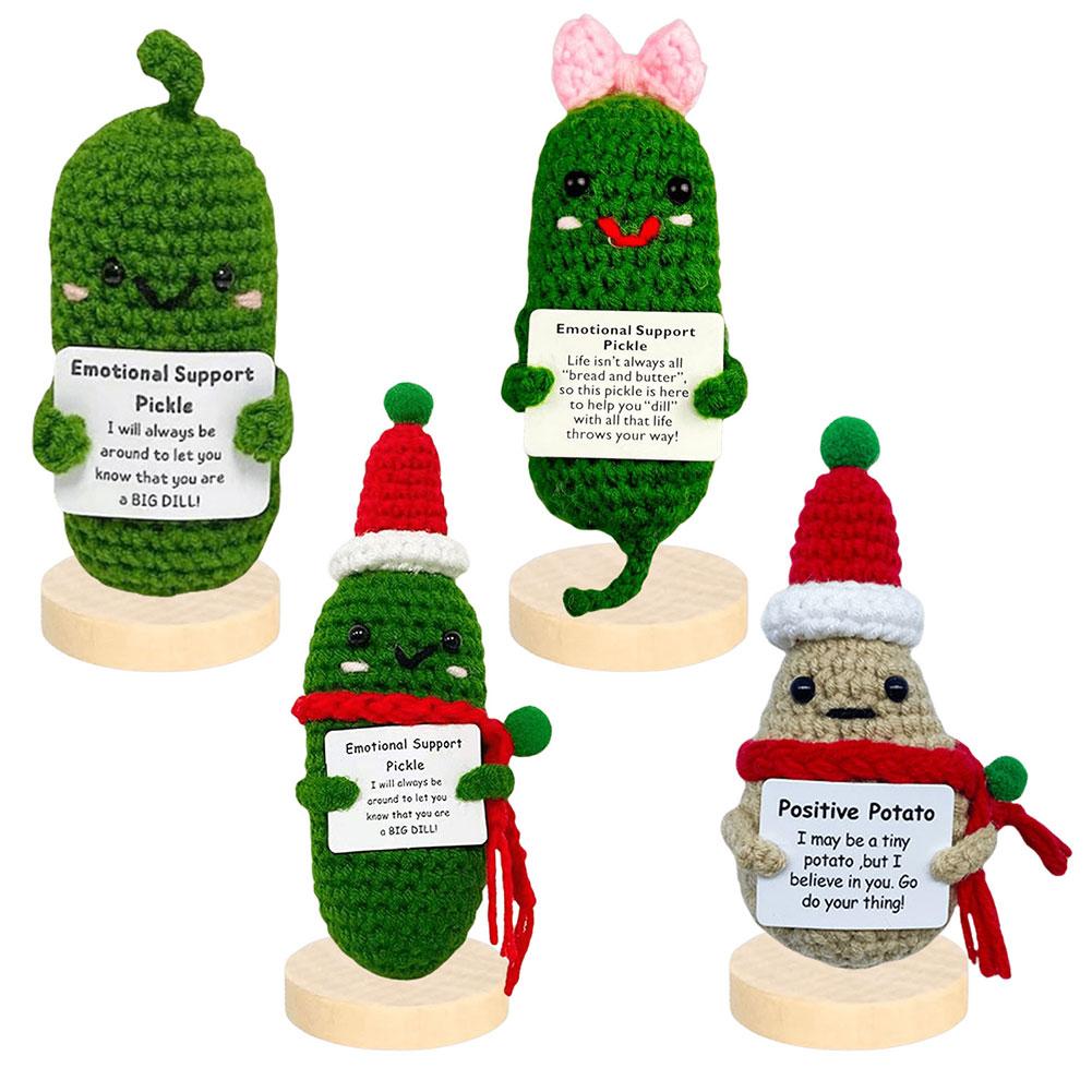 Cute Crochet Christmas Pickle Doll with Positive Message Card Emotional Support Plush Gift for All Ages