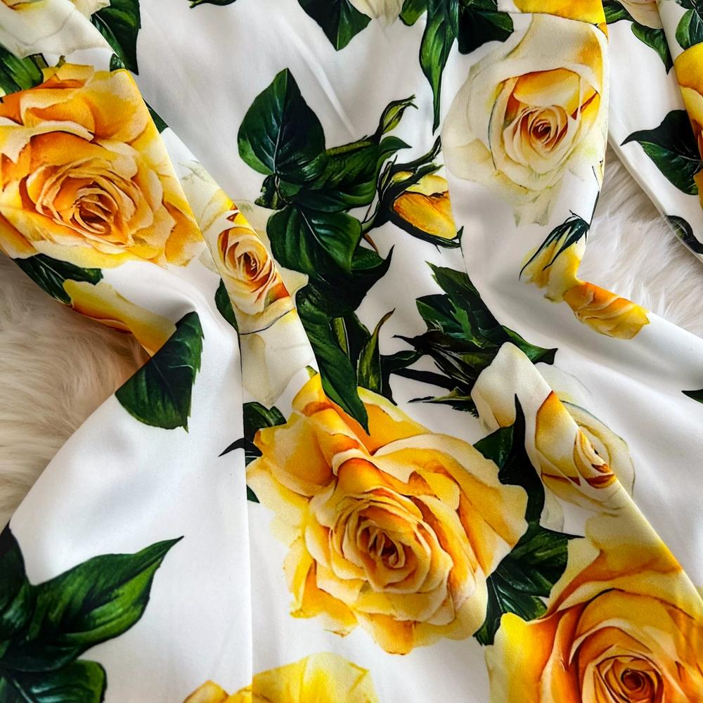 Summer Runway Fashion Rose Flower Print Bodycon Dress Women Holiday O-Neck 3/4 Sleeve Elegant Split Midi Party Dresses
