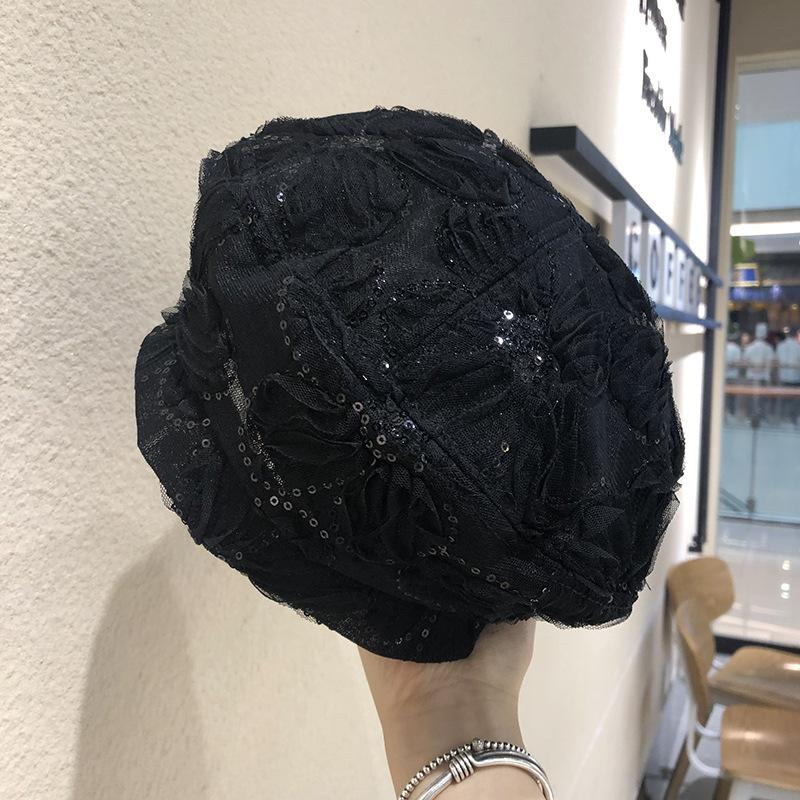 

1PC summer sequined lace black beret children s summer trendy thin fashion British painter hat adjustable (56-58cm)