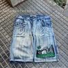 Mens Vintage Western Cowboy Jeans Distressed Washed Embroidered Printed Straight Leg Denim Pants