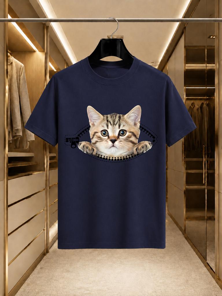 2026 New Arrival 100 Cotton Tshirt 3d Zipper Crack Tabby Cat Print Cute Pet Crew Neck Casual Short Sleeve