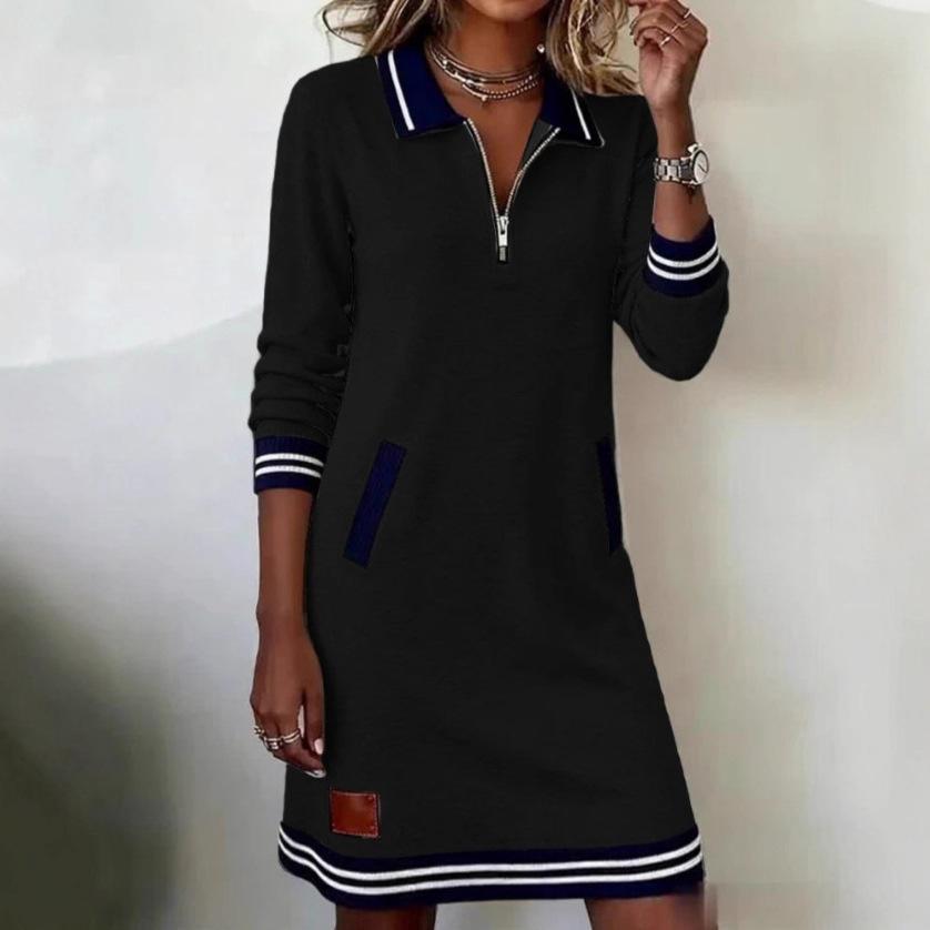 Spring Autumn Turn-Down Collar Holiday Dress Women Patchwork Long Sleeve Chic Dress Casual Zipper Fashion Ladies Dress