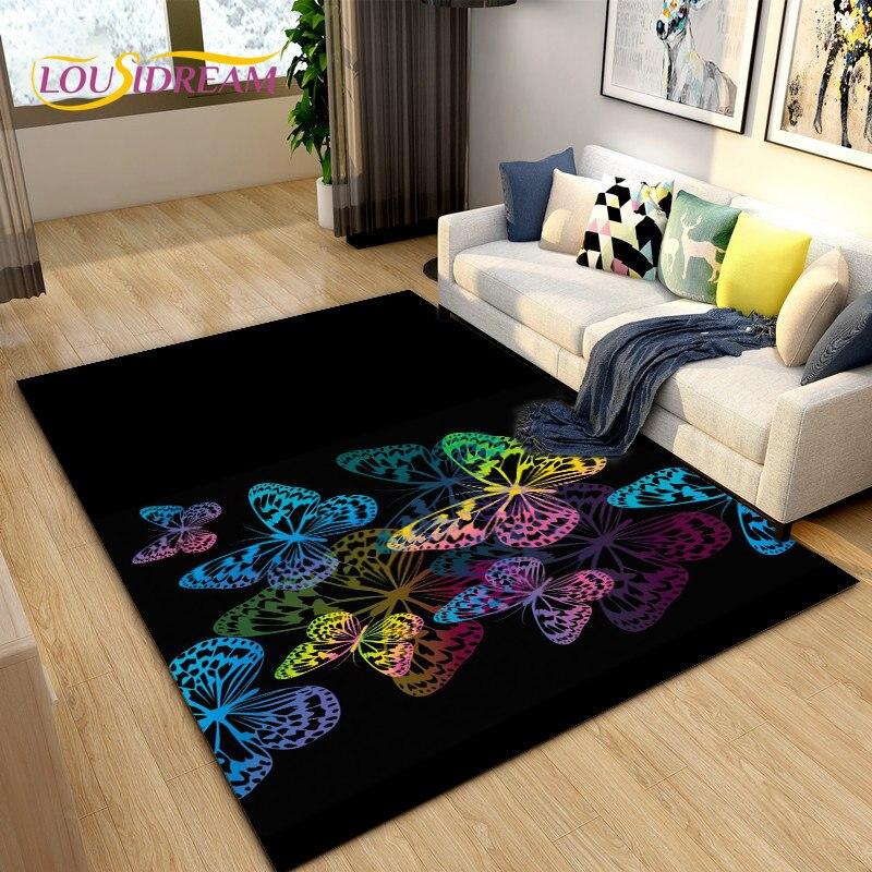 3D barevný koberec Butterfly Flower Area,Koberec do obývacího pokoje Ložnice Pohovka Yoga,Kuchyně Koupelna Rohožka Protiskluzová podložka na podlahu