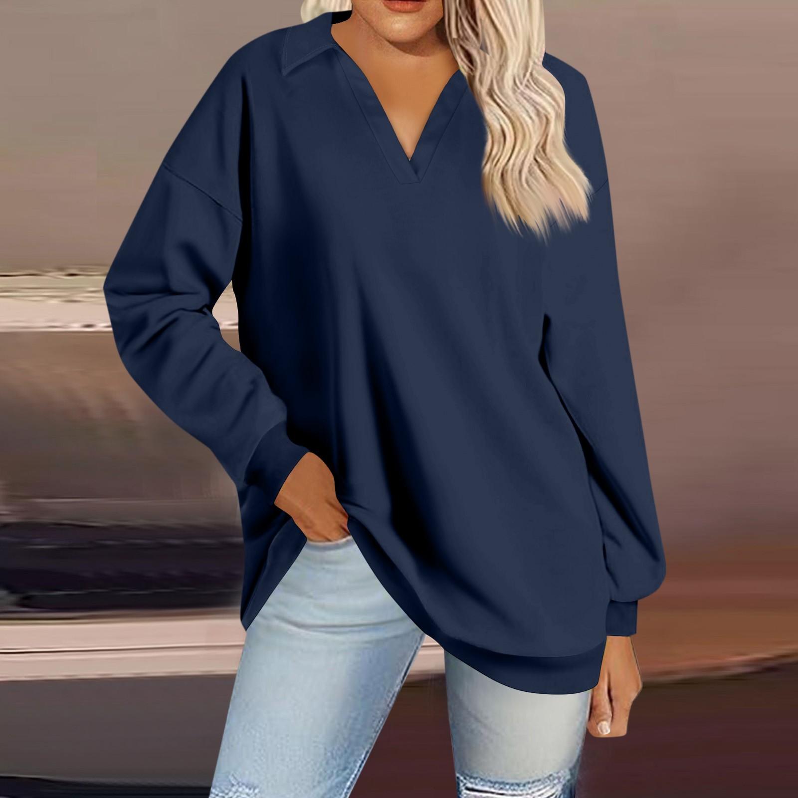 

Женская мода однотонный V-образный вырез длинный рукав свободный пуловер свитшот топ L тёмно-синий