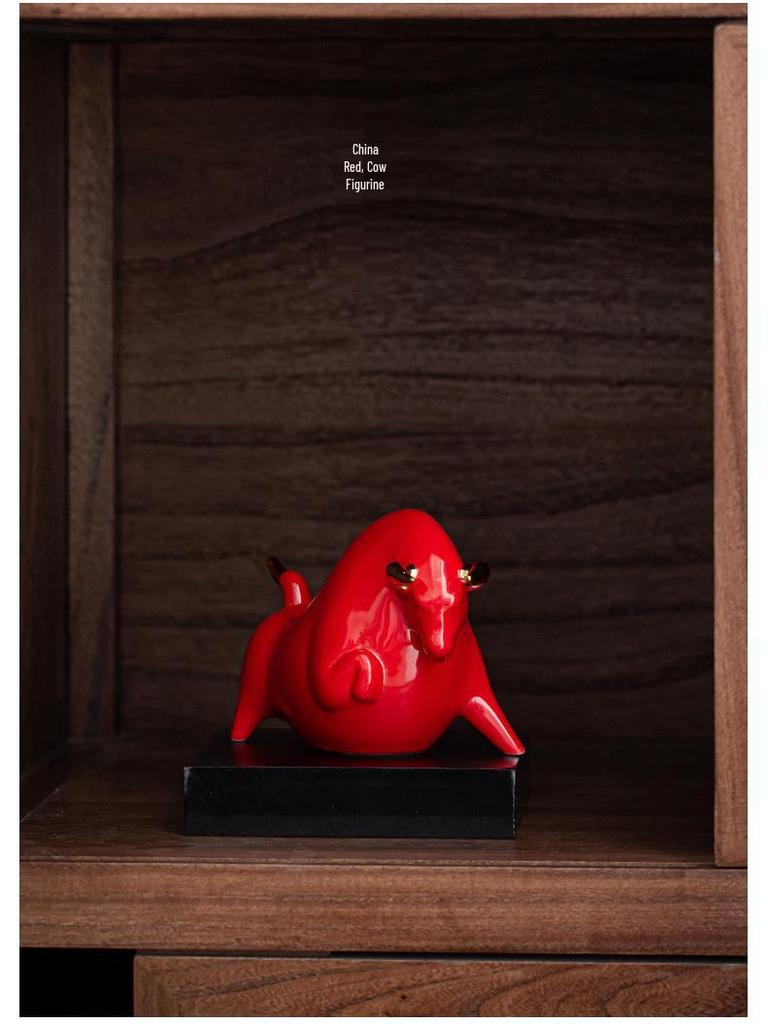 Red Ceramic Ox Figurine: Spirit-Soaring Handicraft for Home or Office Decor