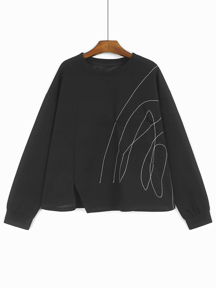 

XITAO Line Pleated Slit Irregular Loose Long Sleeved T-shirt GJ1243 One Size чёрный