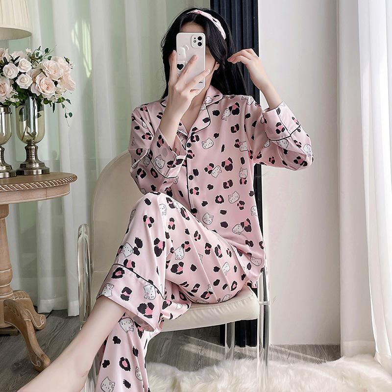 1011 new ice silk pajamas women's cartoon kitten cute personality long-sleeved trousers can be worn outside loungewear set