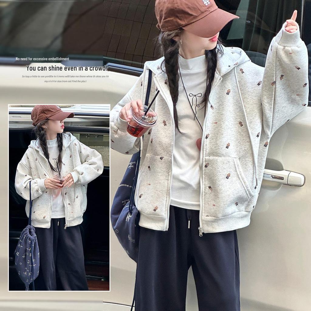 Girls' Loose Fit Zip-Up Hoodie - Autumn 2025 Collection: Lazy Style Hooded Jacket for Big Girls (Spring and Autumn)