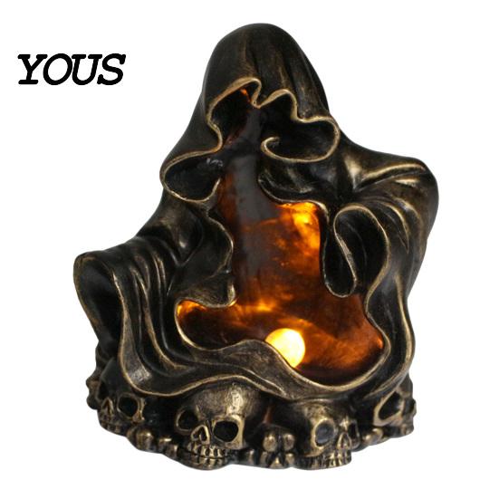Creative Gift for Halloween Lovers Wizard Ghost LED Night Light with Embossed Skull Base, Resin Glowing Figurine, Environmentally Friendly Craft
