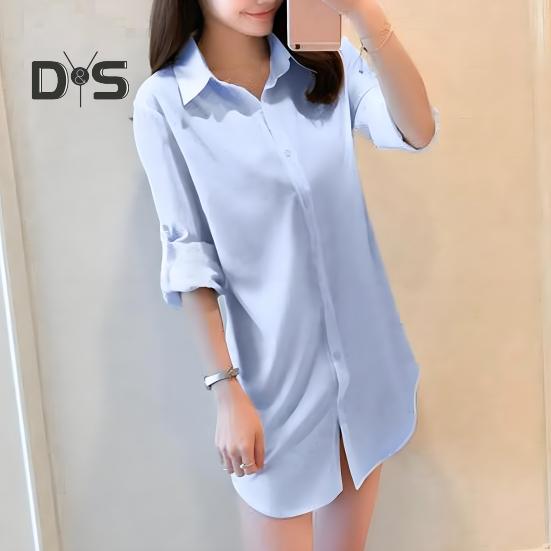 Dámská košile s klopou, dlouhým rukávem, střední délky, jednobarevná, knoflíková léga, ležérní střih, topy pro každodenní nošení