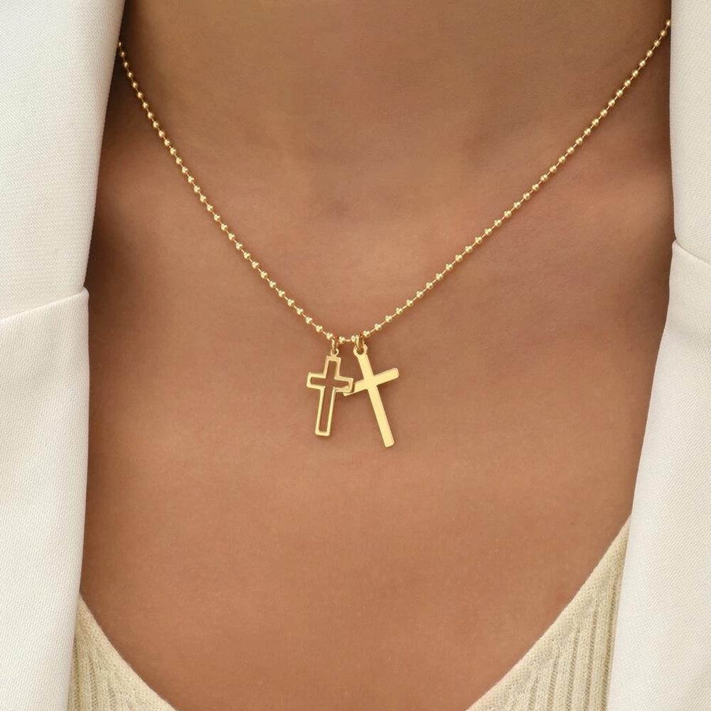 Stainless Steel Double Cross Pendants Necklace for Women Men Minimalist Gold Color Beaded Chain Choker Zircon Gift