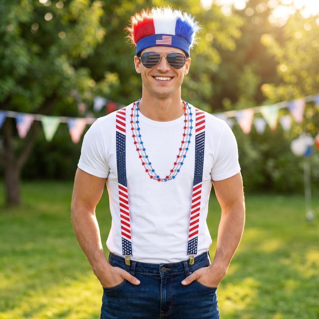 Uavhengighetsdag Kostymetilbehørssett Parykk Hatt Briller Halskjede Bukseseler Sokker for Patriotisk Feiring 0408W