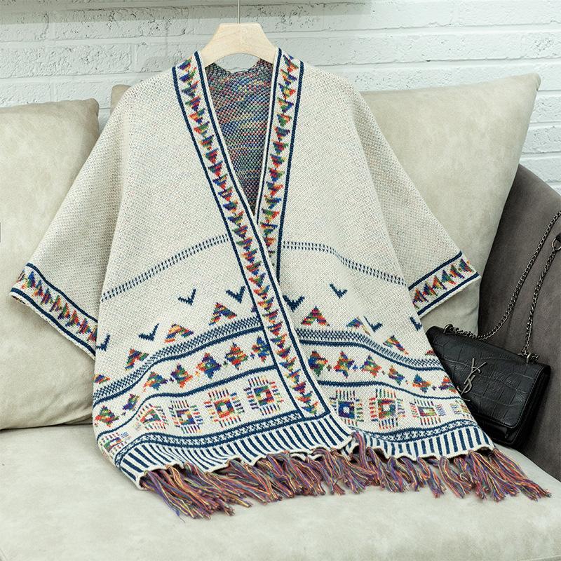 Women's Autumn and Winter Large Size Cardigan Fashionable Knitted Tassel Shawl Loose Jacquard Sweater Cape Top Women