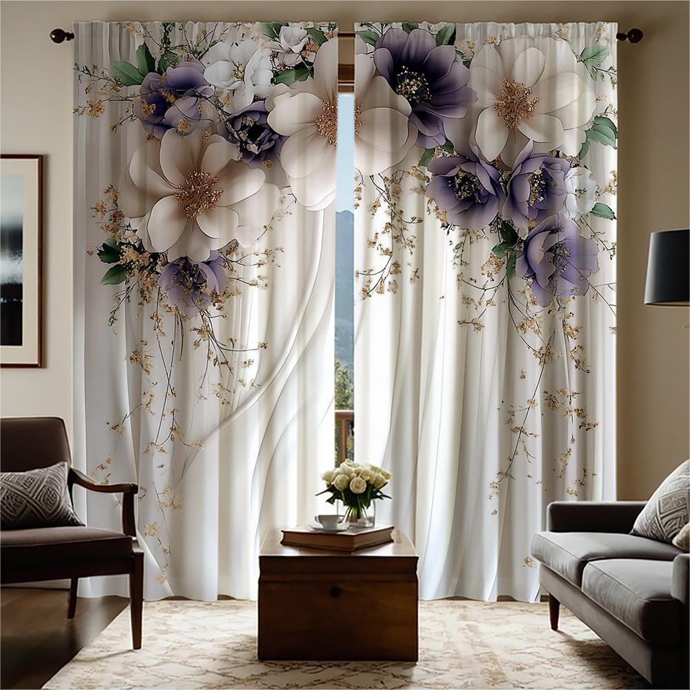 2-piece set of high-definition digital printed curtainwhite floral embroidered sheer curtain for rod pocketHome decoration style