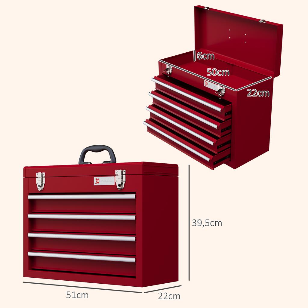 Lockable Metal Tool Box, 4 Drawer Tool Chest with Latches, Handle, Ball Bearing Runners, Red