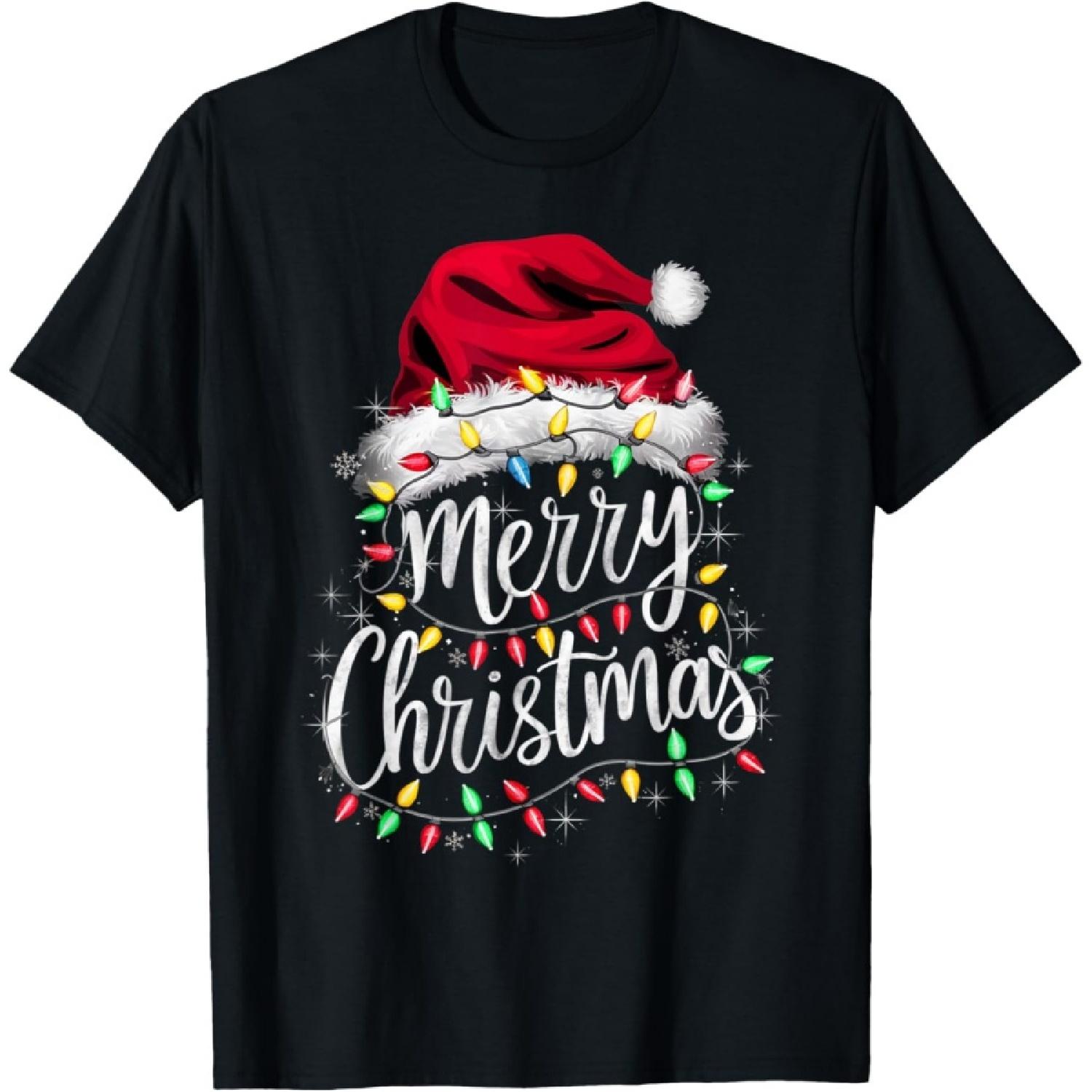 Merry Christmas Lights Red Santa Hat Xmas Family Men Women T-Shirt(1) S