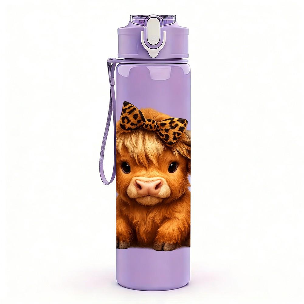 1PC Brown Highland Cow Horn Portrait 750ml Color Plastic Sports Water Bottle Leakproof Flip Straw Lid Suitable for Sports Office Home Use
