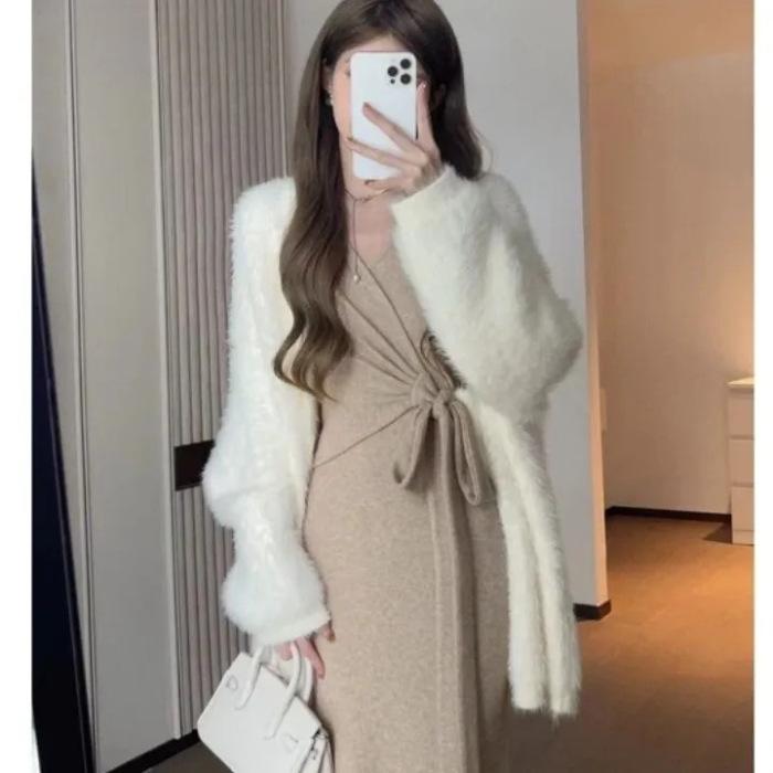 

2023 Высококачественный вязаный комплект платья-свитера для женщин - Осенне-зимний длинный стиль 2XL