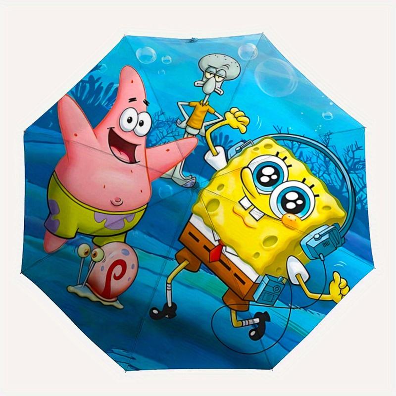 1pc SpongeBob SquarePants Automatic Folding Umbrella - Portable 3-Fold Design with 8-Bone Iron Frame, Outdoor, for Fans, Travelers, Daily Use, Pe