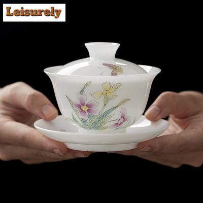 135ml Narciso Dipinto a Mano Gaiwan Porcellana Argilla Giada Bianca Giapponese Zuppiera da Tè Coperchio Tazza Bevande Accessori Regalo