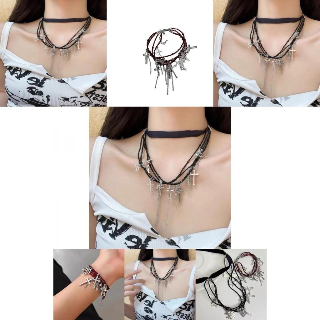 Gothic Cross Layered Necklace Trendy Tassel Choker For Summer Gift Alloy Plated