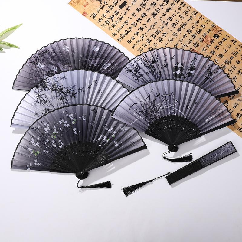 Portable Hand Fold Fan  Chinese Style Dance Props Retro Shell Fan Woman Men Bamboo Wood Silk Flower Folding Fan