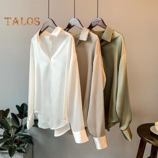 Dámská košile s klopou, dlouhým rukávem, jednoradovým zapínáním, topy, jednobarevná, hladký satén, volný střih, ležérní košile